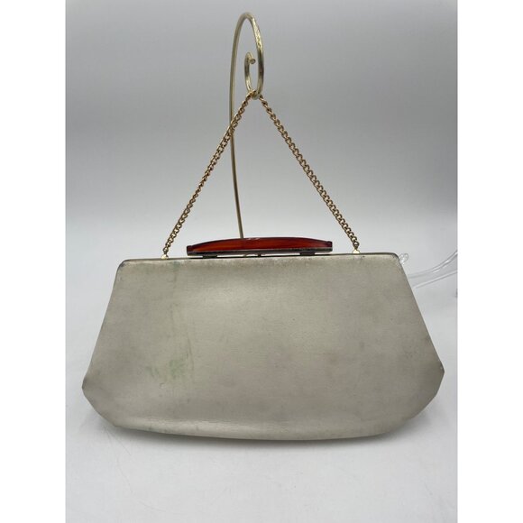 Vintage White Leather Clutch Purse Brown Lucite Handle & Gold Chain - Picture 12 of 13